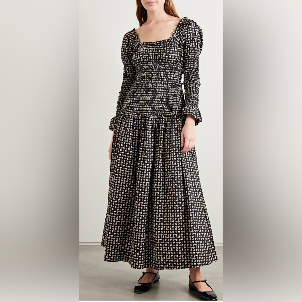 DOEN Bellamy Shirred Printed Organic Cotton-Poplin Dress Large